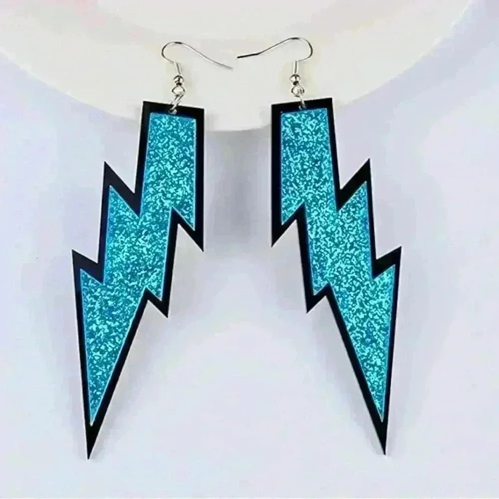 80s Retro Neon Blue Glittery Lightning Earrings, Party  Cosplay Festival Jewelry - Picture 5 of 9